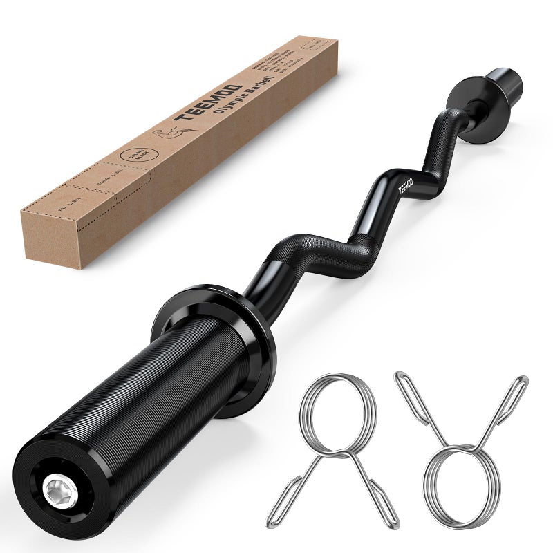 TEEMOO Olympic EZ Curl Barbell Bar, 47" Curl Bar with 2 Spring Collars, Curling bar for Weight Lifting, Squat, Hip Thrusts, Biceps, 500lb Weight Capacity, E-Coat Finish for 2 inch Weight Plates (Black) - Image 1
