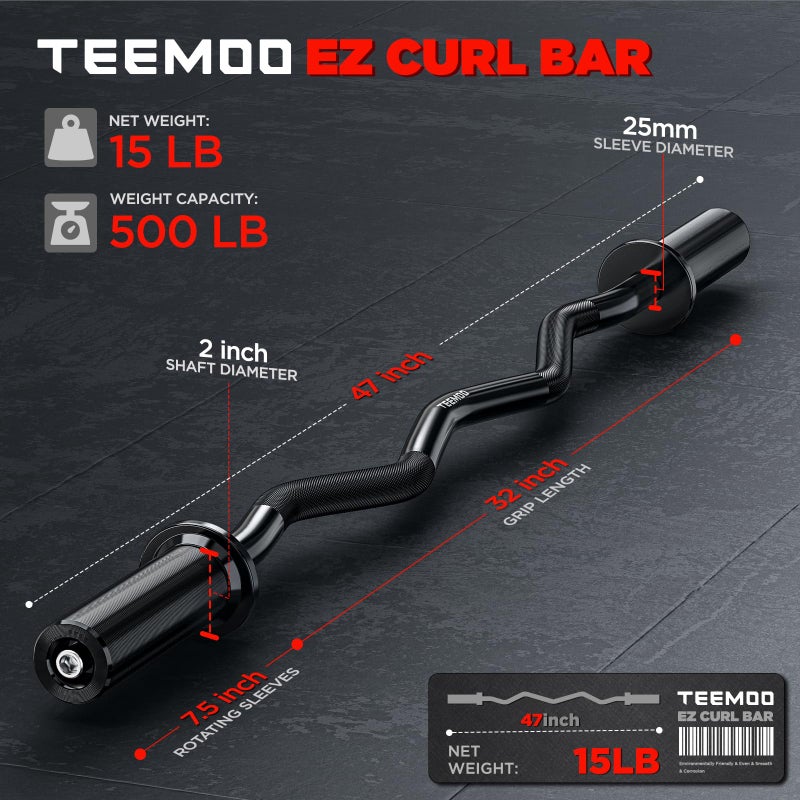 TEEMOO Olympic EZ Curl Barbell Bar, 47" Curl Bar with 2 Spring Collars, Curling bar for Weight Lifting, Squat, Hip Thrusts, Biceps, 500lb Weight Capacity, E-Coat Finish for 2 inch Weight Plates (Black) - Image 3