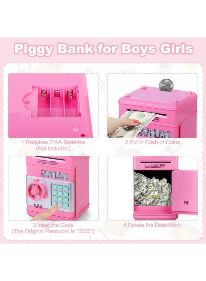 ARGT Electronic Piggy Bank Code Lock for Kids Baby Toy, Mini ATM Safe Coin Cash Banks Real Money Saving Box with Password, Auto Money Scroll for Children,Boys Girls Birthday (PINK) - Image 4