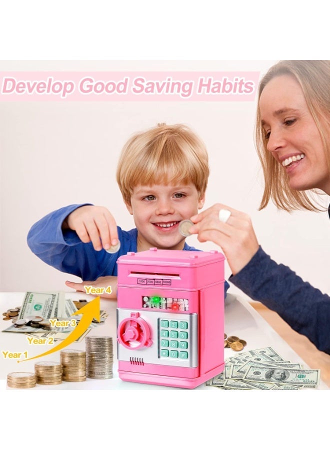 ARGT Electronic Piggy Bank Code Lock for Kids Baby Toy, Mini ATM Safe Coin Cash Banks Real Money Saving Box with Password, Auto Money Scroll for Children,Boys Girls Birthday (PINK) - Image 2
