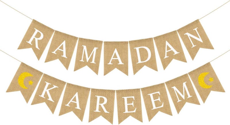 Acekar Multi-demand satisfied design 2 Pack Rustic Ramadan Kareem Burlap Banner - Natural & Golden, Perfect for Mantle, Fireplace & Party Decor Dust proof - Image 1