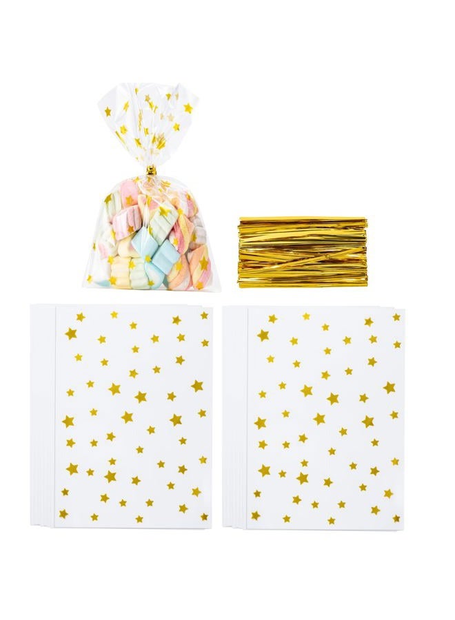 Aegero 120 Pcs Christmas Cellophane Treat Bags, Xmas Gift Candy Goodies Bags with 140 Pcs Twists for Xmas Party Favor Supplies,Kids Party Favors,Snacks Cookies Packing(5 x 7 inches,Gold Star) - Image 1