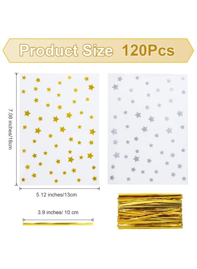 Aegero 120 Pcs Christmas Cellophane Treat Bags, Xmas Gift Candy Goodies Bags with 140 Pcs Twists for Xmas Party Favor Supplies,Kids Party Favors,Snacks Cookies Packing(5 x 7 inches,Gold Star) - Image 2