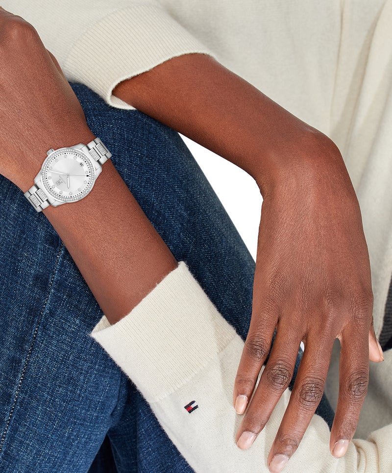 TOMMY HILFIGER ساعة أنالوج دائرية مع تقويم للنساء بحالة من الفولاذ المقاوم للصدأ والكريستالات - Image 4