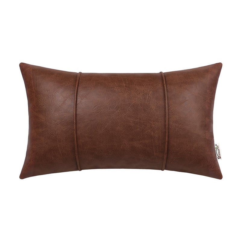BRAWARM Dark Brown Leather Throw Pillow Covers 12 X 20 Inches  Faux Leather Lumbar Pillow Cover with Piping Hand Stitched Leather Throw Pillow for Couch Sofa Bed Living Room Home Decorative