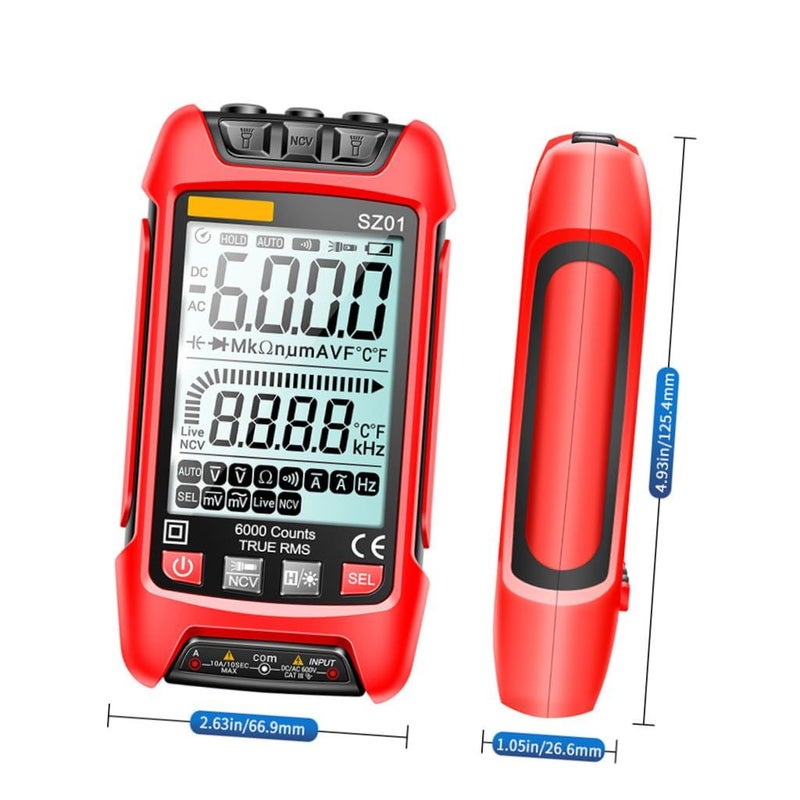 اختبار الفولتميتر الرقمي متعدد الوظائف بشاشة LCD مضاءة خلفياً، مع وظائف NCV، AC/DC، المقاومة، التردد، درجة الحرارة، مصباح يدوي، تثبيت البيانات، الإغلاق التلقائي، باللون الأحمر. - Image 3