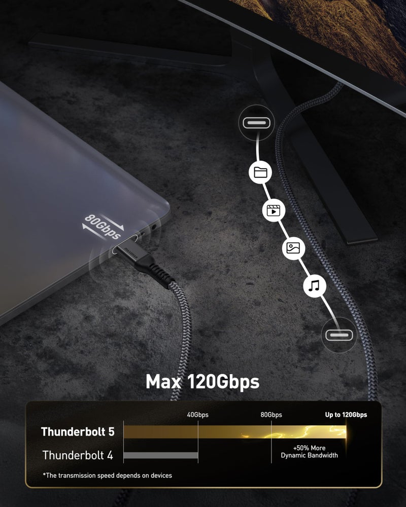Maxonar 80Gbps Thunderbolt 5 Cable 4FT, 240W Charging, Dual 8K Display, 3X Faster Than TB4 for 16K Video Editors/3D Designers, Compatible with MacBook Pro/Air, eGPU/SSD - Image 2