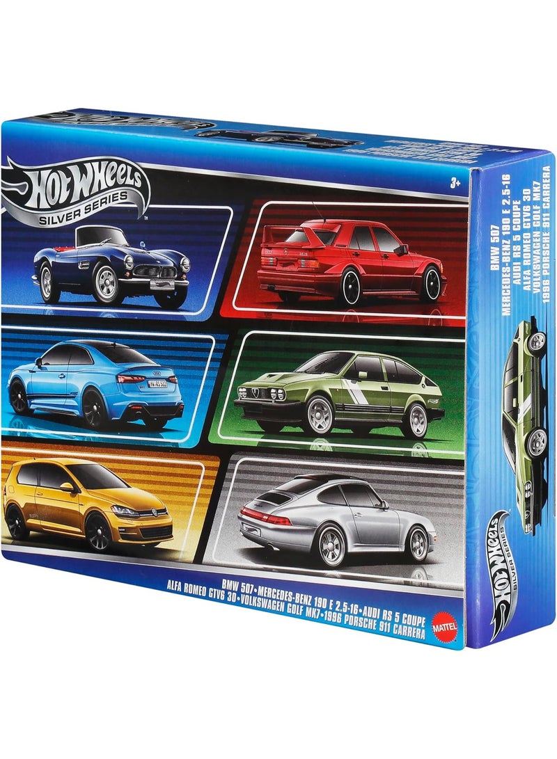 Hot Wheels سيارات هوت ويلز بمقياس 1:64، مجموعة من 6 مركبات أوروبية بتصميم مرتفع (قد تختلف الأنماط)  - Image 1