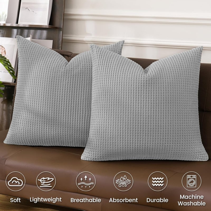 PHF 2 Piece 45cm x 45cm Cotton Waffle Weave Throw Pillow Covers, Elegant Decorative Square Covers, No Filling, Light Grey - Image 3