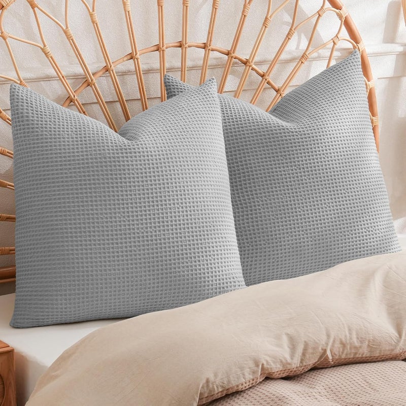 PHF 2 Piece 45cm x 45cm Cotton Waffle Weave Throw Pillow Covers, Elegant Decorative Square Covers, No Filling, Light Grey - Image 1