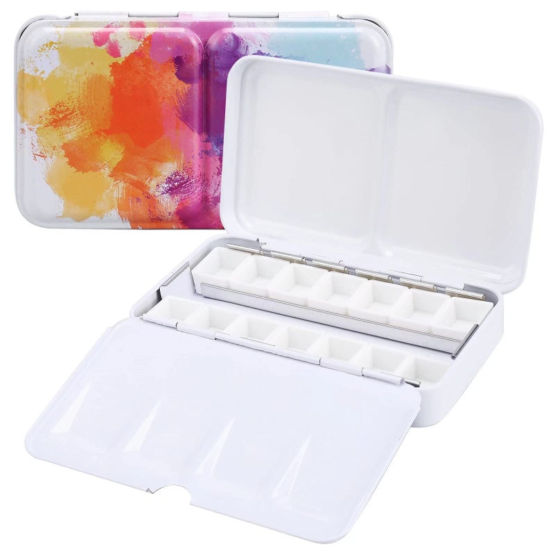 LOONENG Empty Watercolor Palette Empty Watercolor Tin with Fold Out Palette Small Colorful Watercolor Tray Palette with 14 Empty Half Pans for Plein Air Painting and Sketching