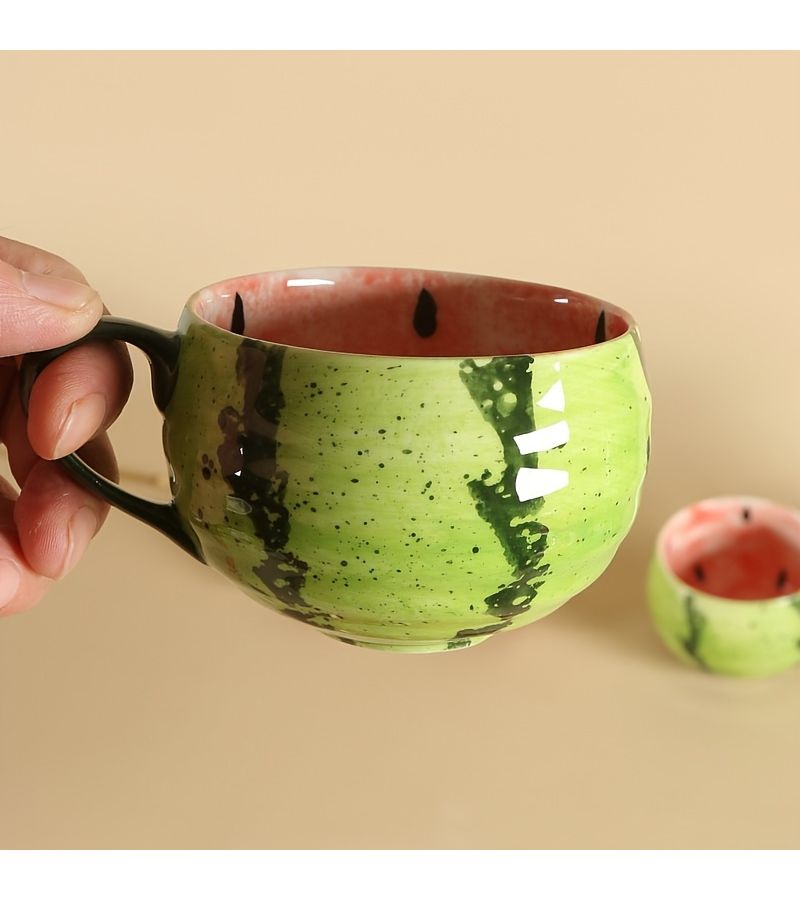 Set Of 2 Red Watermelon Coffee Mugs Hand Painted Ceramic Cups Without Saucers With Handles - Image 3