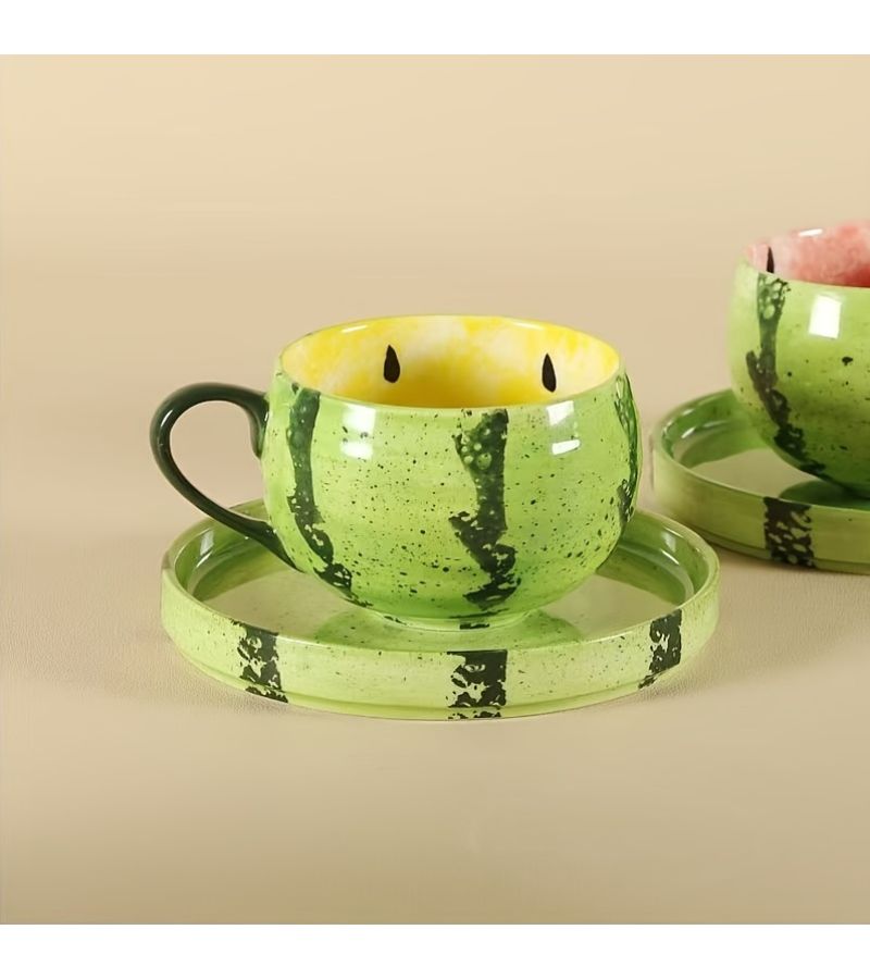 Set Of 2 Red Watermelon Coffee Mugs Hand Painted Ceramic Cups Without Saucers With Handles - Image 2