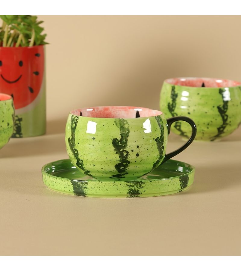 Set Of 2 Red Watermelon Coffee Mugs Hand Painted Ceramic Cups Without Saucers With Handles - Image 1
