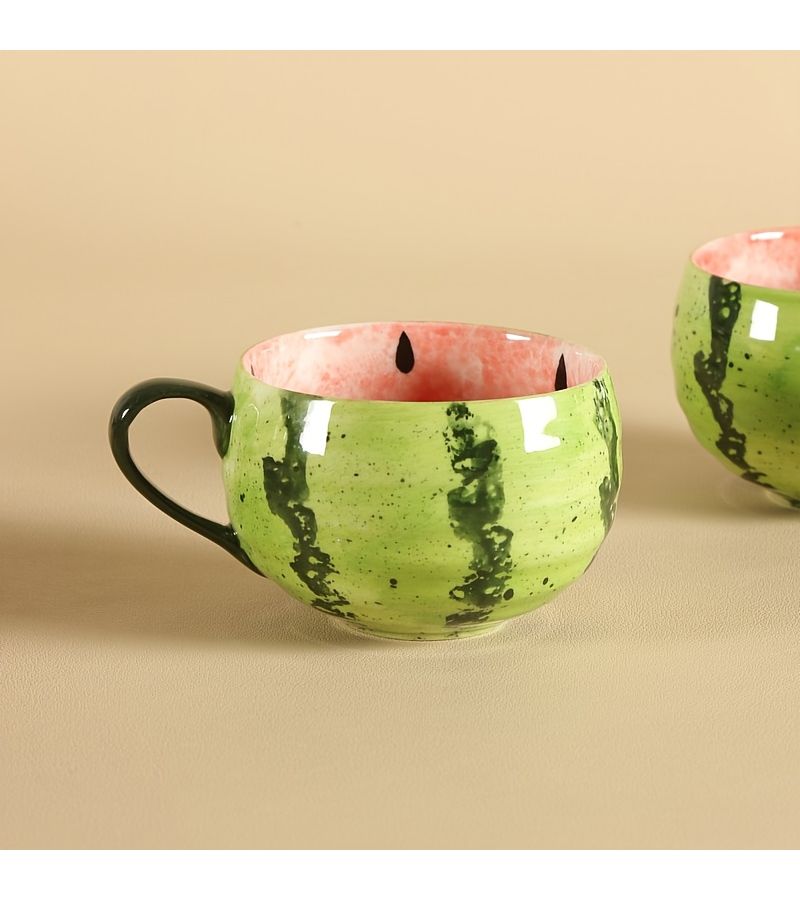 Set Of 2 Red Watermelon Coffee Mugs Hand Painted Ceramic Cups Without Saucers With Handles - Image 5