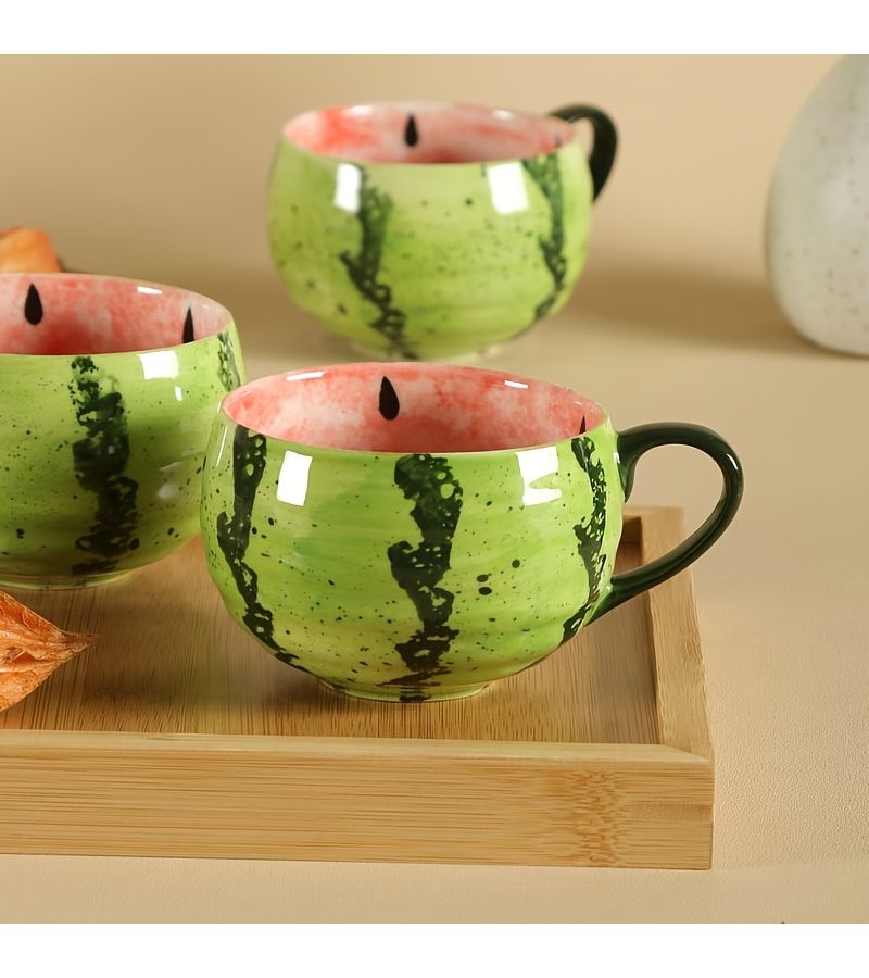 Set Of 2 Red Watermelon Coffee Mugs Hand Painted Ceramic Cups Without Saucers With Handles - Image 4