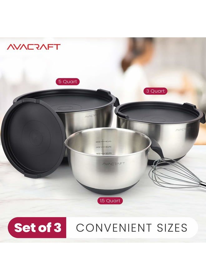 AVACraft 18/10 Stainless Steel Mixing Bowl set with Lids, Non-Slip Silicone Bottom, Handle, Pour Spouts and Measurement Marks, Set of 3, Black - Image 2