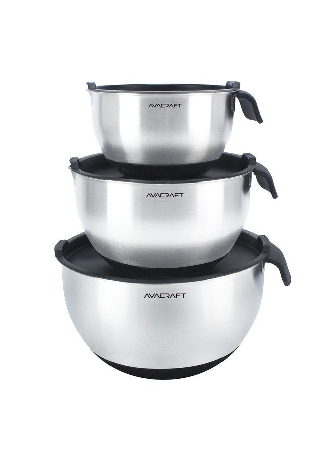 AVACraft 18/10 Stainless Steel Mixing Bowl set with Lids, Non-Slip Silicone Bottom, Handle, Pour Spouts and Measurement Marks, Set of 3, Black - Image 1
