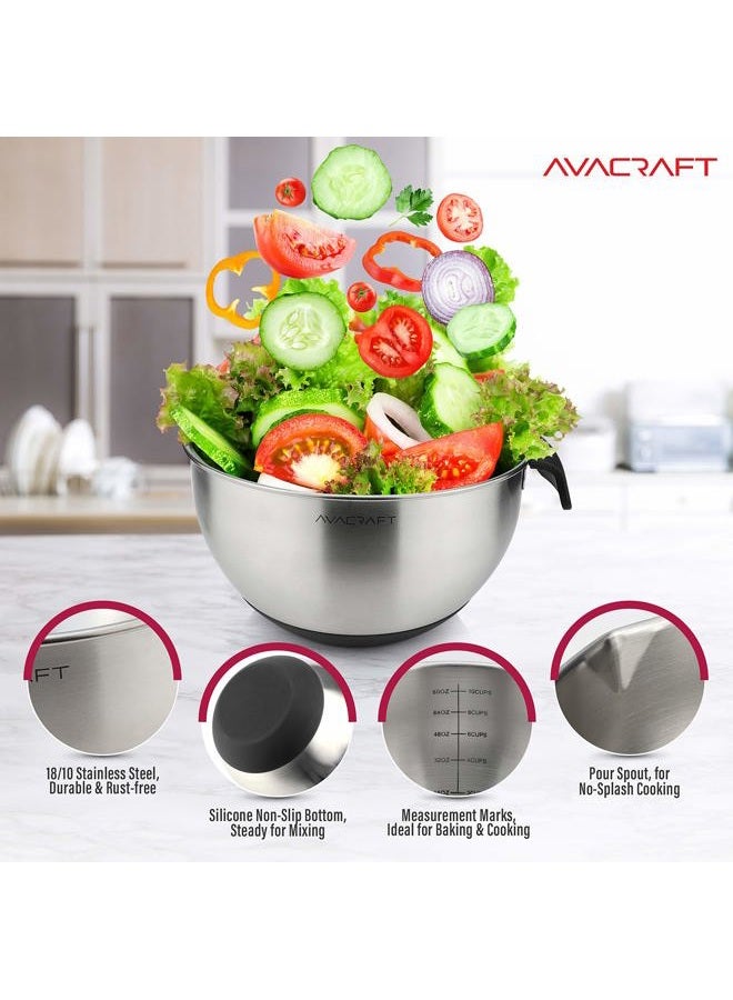 AVACraft 18/10 Stainless Steel Mixing Bowl set with Lids, Non-Slip Silicone Bottom, Handle, Pour Spouts and Measurement Marks, Set of 3, Black - Image 5