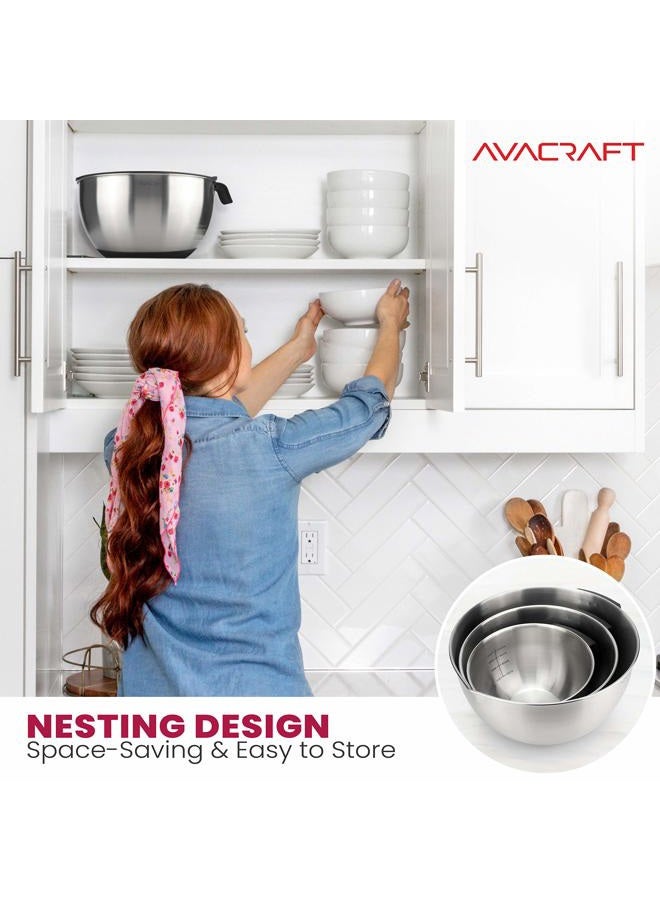 AVACraft 18/10 Stainless Steel Mixing Bowl set with Lids, Non-Slip Silicone Bottom, Handle, Pour Spouts and Measurement Marks, Set of 3, Black - Image 3