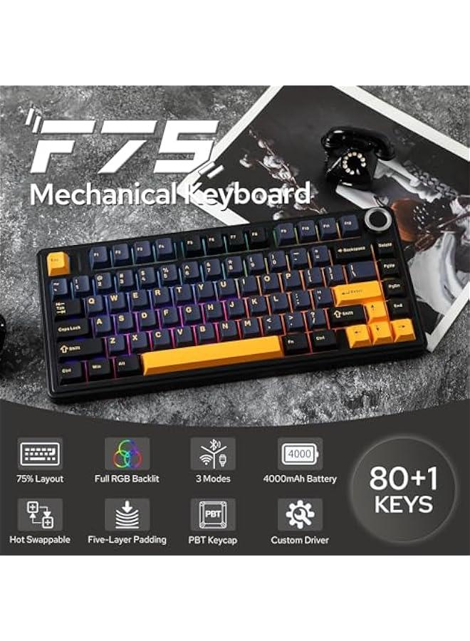 x Aula F75 Gasket Mechanical Keyboard, 75% Wireless Hot Swappable Gaming Keyboard with Five-Layer Paddingu0026Knob, Bluetooth/2.4GHz/USB-C, RGB (Black, Ice Vein Switch) - Image 2