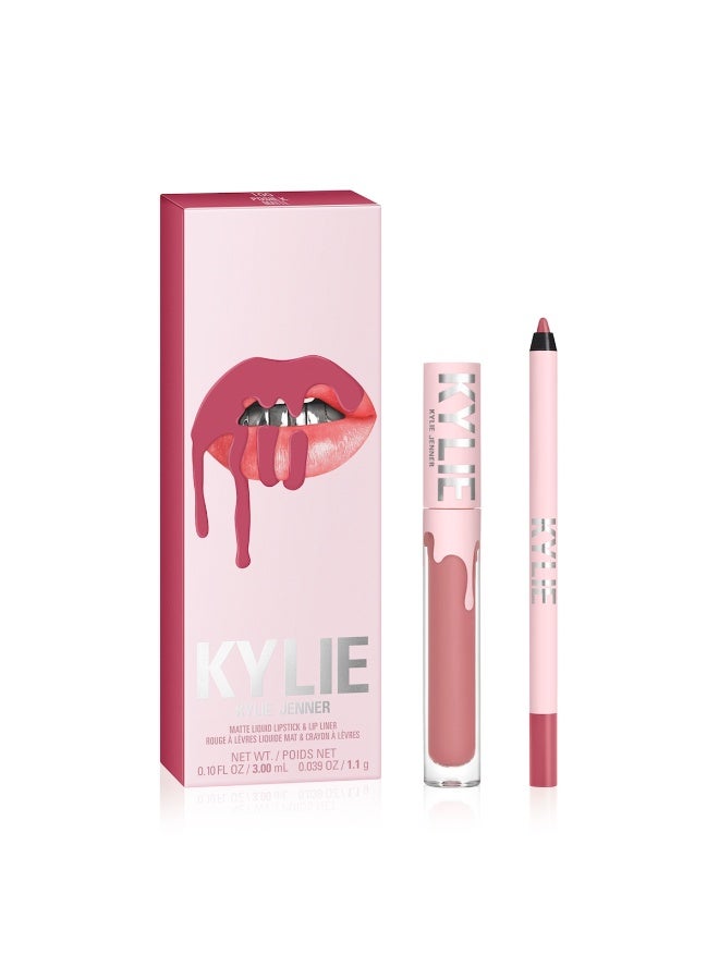 كايلي طقم كايلي جينر مات ليب كيت درجة 100 بوزي كيه من Kylie Cosmetics | أحمر شفاه سائل مات مع محدد شفاه | طقم من قطعتين بثبات طويل - Image 1