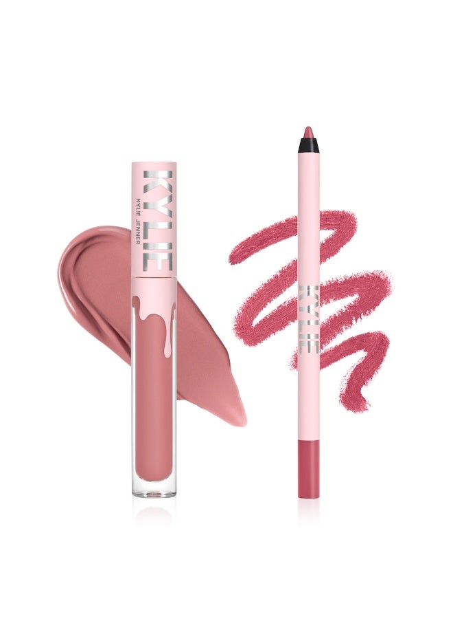 كايلي طقم كايلي جينر مات ليب كيت درجة 100 بوزي كيه من Kylie Cosmetics | أحمر شفاه سائل مات مع محدد شفاه | طقم من قطعتين بثبات طويل - Image 2
