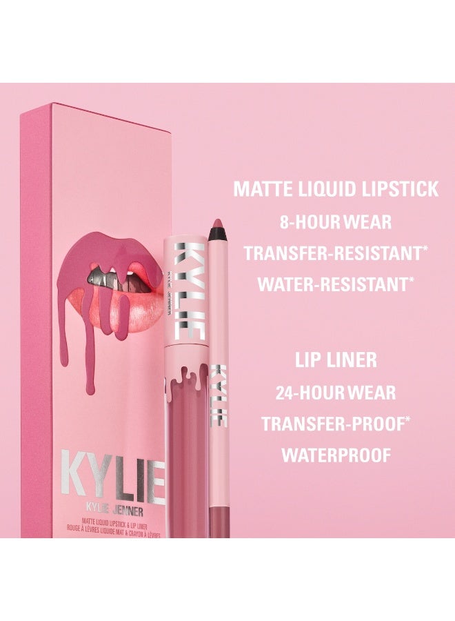 كايلي طقم كايلي جينر مات ليب كيت درجة 100 بوزي كيه من Kylie Cosmetics | أحمر شفاه سائل مات مع محدد شفاه | طقم من قطعتين بثبات طويل - Image 4