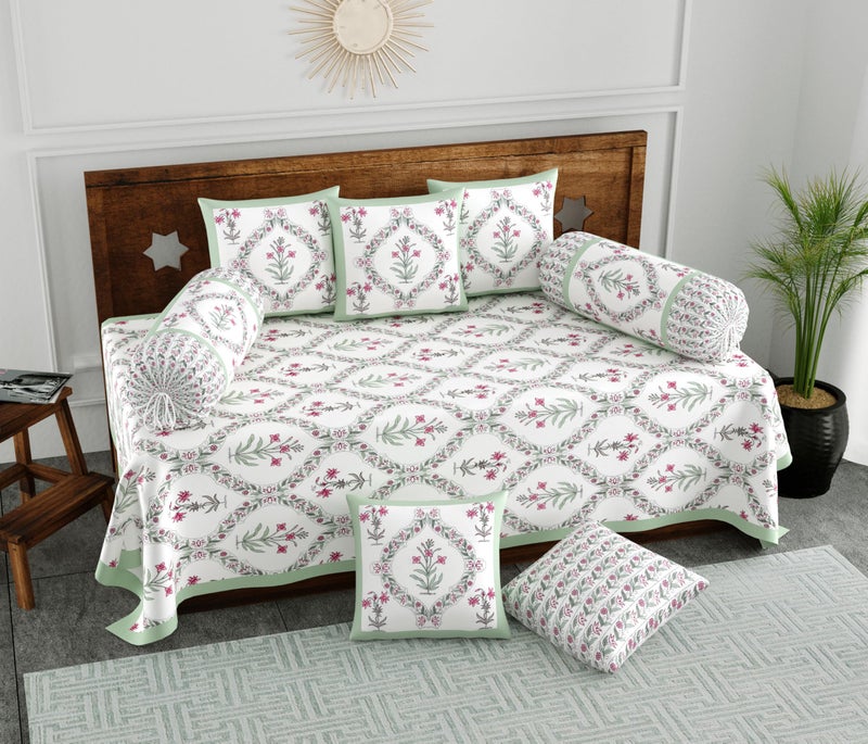 BLOCKS OF INDIA 200TC Diwan Set Cotton 8 Piece | Deewan Printed Bedsheet Sets for Living Room Hall (Set of 8 Piece, 1-Bed Sheet | 2-Bolster Cover | 5-Cushion Cover (Green BEL) - Image 1