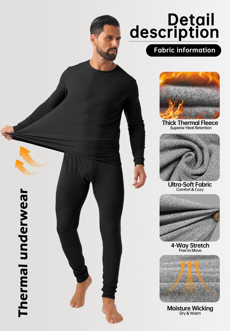 Askdeer Long Johns Thermal Underwear for Men Fleece Lined Heavyweight Thermal Base Layer Sets Black - Image 3