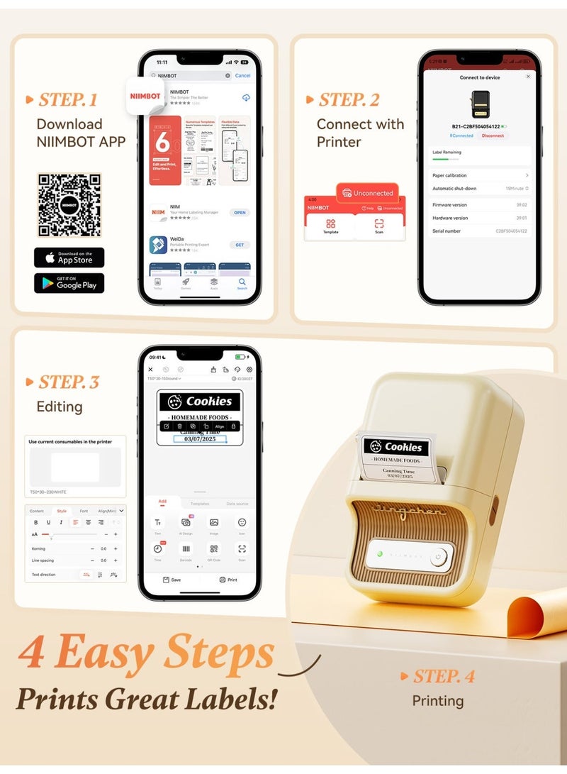 نيمبوت طابعة ملصقات B21، طابعة ملصقات حرارية، صانعات ملصقات محمولة بدون حبر للمنزل/المكتب/الاعمال، مع عبوة واحدة 50 × 30 ملم ملصق ابيض، متوافقة مع iOS واندرويد (ابيض) - Image 4