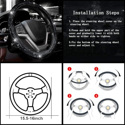 Valleycomfy Steering Wheel Cover for Women 15 1/2 inches-16 inches Bling Bling Crystal Diamond Sparkling for F150 F250 F350 Ram 4Runner Tacoma Tundra Range Rover (Black with Black Diamond) - Image 5