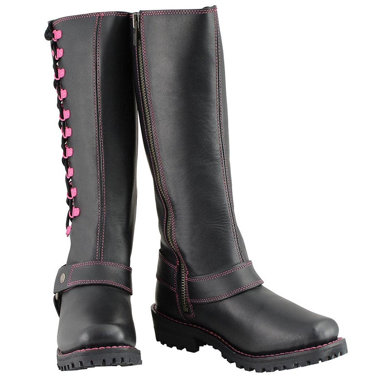 Milwaukee Leather Women's Black 14-inch Leather Harness Motorcycle Boots with Fuchsia Accent Lacing MBL9367-9.5 - Image 4