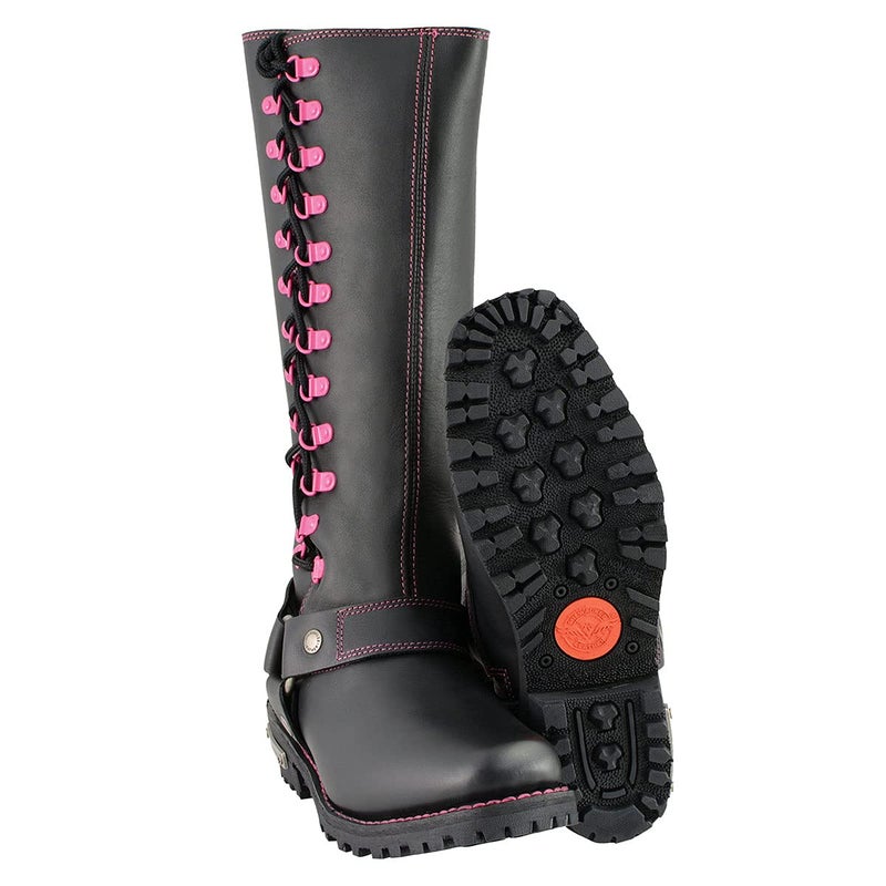 Milwaukee Leather Women's Black 14-inch Leather Harness Motorcycle Boots with Fuchsia Accent Lacing MBL9367-9.5 - Image 2