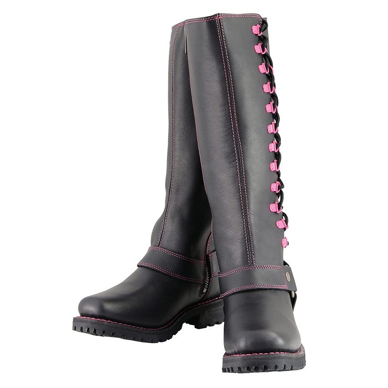Milwaukee Leather Women's Black 14-inch Leather Harness Motorcycle Boots with Fuchsia Accent Lacing MBL9367-9.5 - Image 5