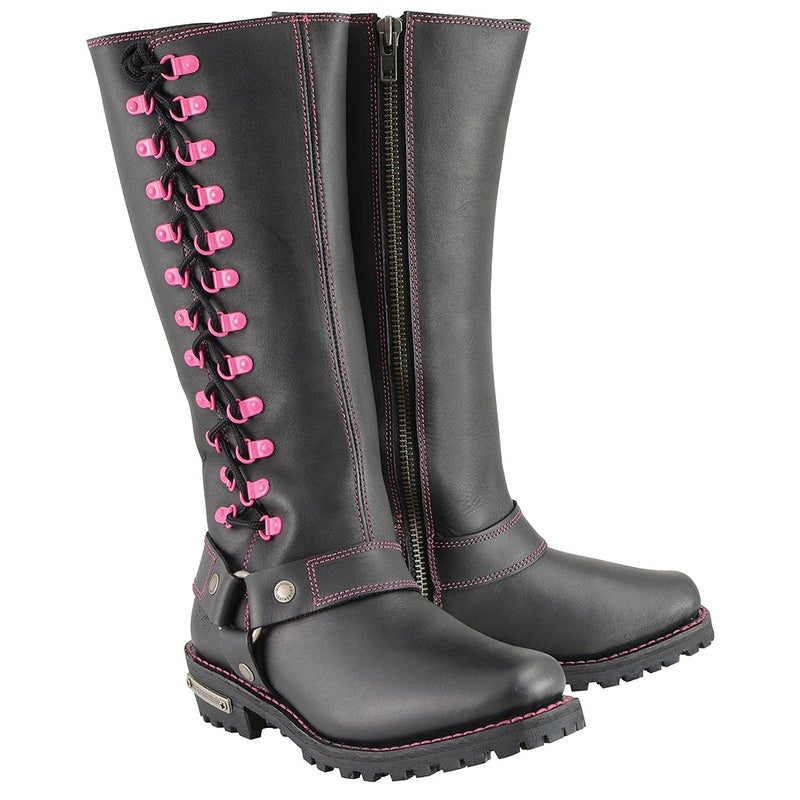 Milwaukee Leather Women's Black 14-inch Leather Harness Motorcycle Boots with Fuchsia Accent Lacing MBL9367-9.5 - Image 1