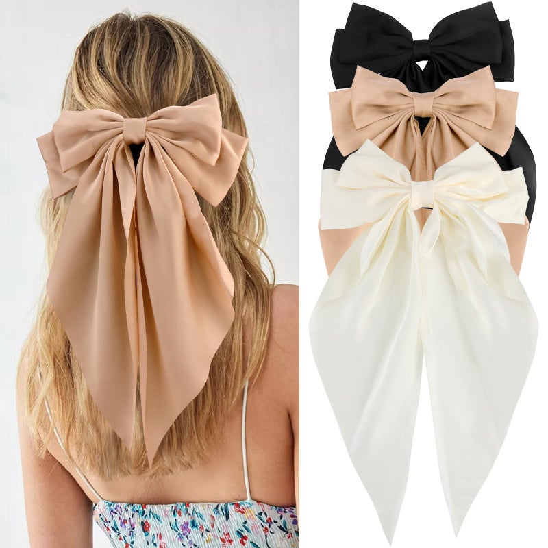 Velscrun Hair Bows for Women Girls 3Pcs White Silky Satin Large Hair Bow Black Coquette Bow Brown Big Bows Hair Clip Oversized Hair Ribbons Long Tail Hair Bow Hair Barrettes Hair Accessories Gifts - Image 1