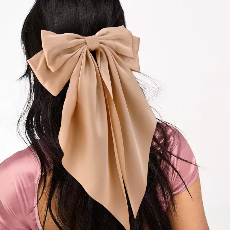 Velscrun Hair Bows for Women Girls 3Pcs White Silky Satin Large Hair Bow Black Coquette Bow Brown Big Bows Hair Clip Oversized Hair Ribbons Long Tail Hair Bow Hair Barrettes Hair Accessories Gifts - Image 2