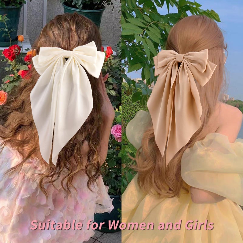 Velscrun Hair Bows for Women Girls 3Pcs White Silky Satin Large Hair Bow Black Coquette Bow Brown Big Bows Hair Clip Oversized Hair Ribbons Long Tail Hair Bow Hair Barrettes Hair Accessories Gifts - Image 5