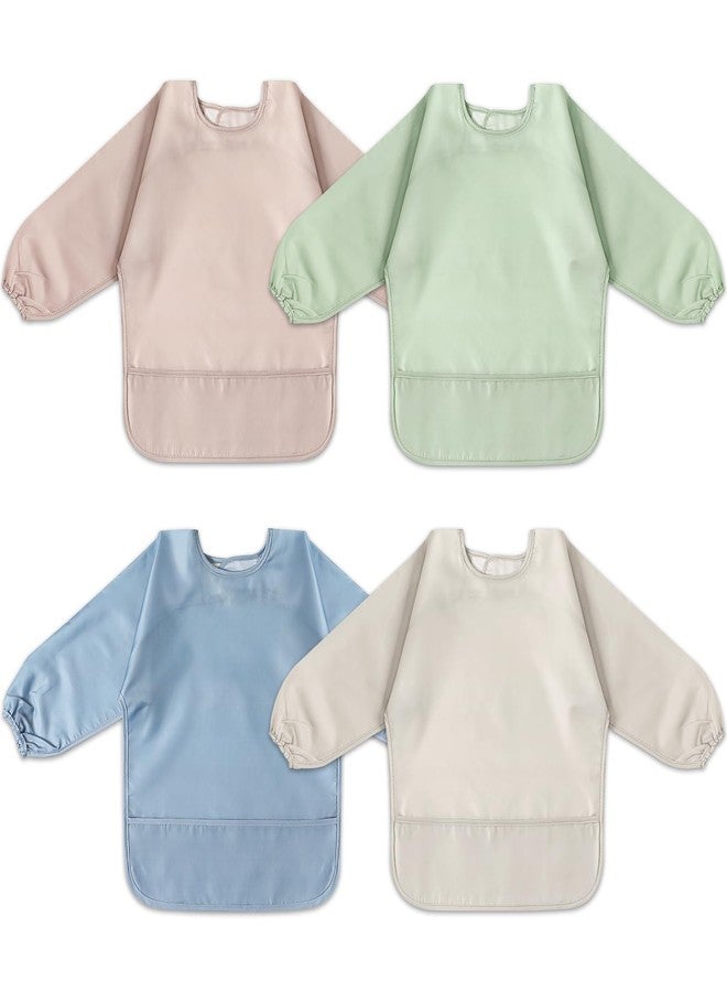 POIKSHARK 4 Pack Long Sleeve Bib, Reusable Bib with Catch-all Pocket, Waterproof Sleeved Smock for 6-30 Months Baby Boy or Girl - Blue - Image 1