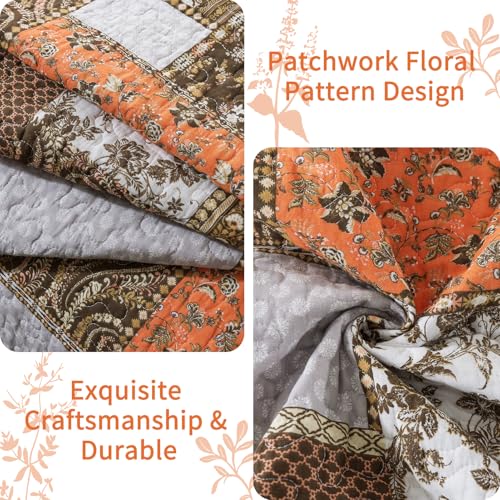VAPUTAR Quilts King Size - Fall Cotton King Size Quilt Bedding Set, 3 Piece Lightweight Soft King Bedspreads Cotton Boho King Quilt Set, Floral Bedding Set for Farmhouse Bedroom (Dream Orange) - Image 4