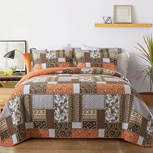 VAPUTAR Quilts King Size - Fall Cotton King Size Quilt Bedding Set, 3 Piece Lightweight Soft King Bedspreads Cotton Boho King Quilt Set, Floral Bedding Set for Farmhouse Bedroom (Dream Orange) - Image 1