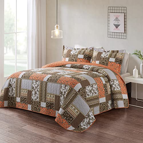 VAPUTAR Quilts King Size - Fall Cotton King Size Quilt Bedding Set, 3 Piece Lightweight Soft King Bedspreads Cotton Boho King Quilt Set, Floral Bedding Set for Farmhouse Bedroom (Dream Orange) - Image 2