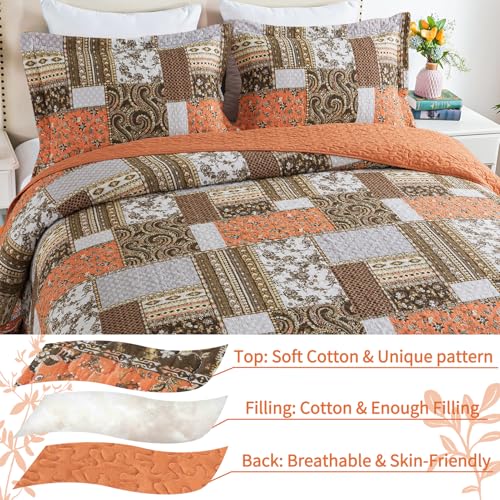 VAPUTAR Quilts King Size - Fall Cotton King Size Quilt Bedding Set, 3 Piece Lightweight Soft King Bedspreads Cotton Boho King Quilt Set, Floral Bedding Set for Farmhouse Bedroom (Dream Orange) - Image 3