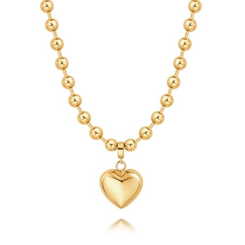 POTESSA 18K Gold Plated Pendant Necklace Puffy Heart Pendant Necklace Chunky Satellite Beads Chain Choker Charm Jewelry - Image 1