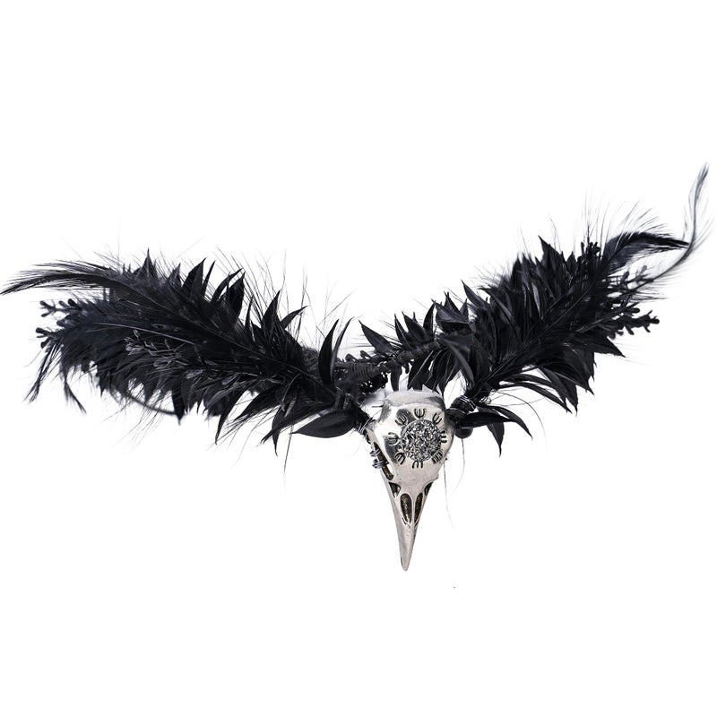 MOSTORY Gothic Black Feather Crown Witch Headpiece Elf Raven Headband Fairy Circle for Witch Outfit Renfaire Halloween Cosplay Dark Wedding Renaissance Costume Women