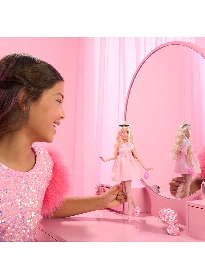 Barbie Deluxe Style Doll #3 in Barbiecore Outfit, Blond Hair in Top Knot, Pink Pastel Dress with Oversized Bow and Accessories Like Mesh Tights​​​ - Image 3