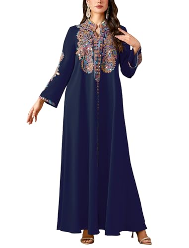 OBEEII Women Muslim Abayas Islamic Long Sleeve Floral Embroidery Sequin Maxi Dress Ramadan Eid Loose Morocco Dubai Robe Kaftan Elegant Turkey Muslim Prayer Dress Navy Blue XL - Image 1