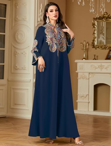 OBEEII Women Muslim Abayas Islamic Long Sleeve Floral Embroidery Sequin Maxi Dress Ramadan Eid Loose Morocco Dubai Robe Kaftan Elegant Turkey Muslim Prayer Dress Navy Blue XL - Image 3