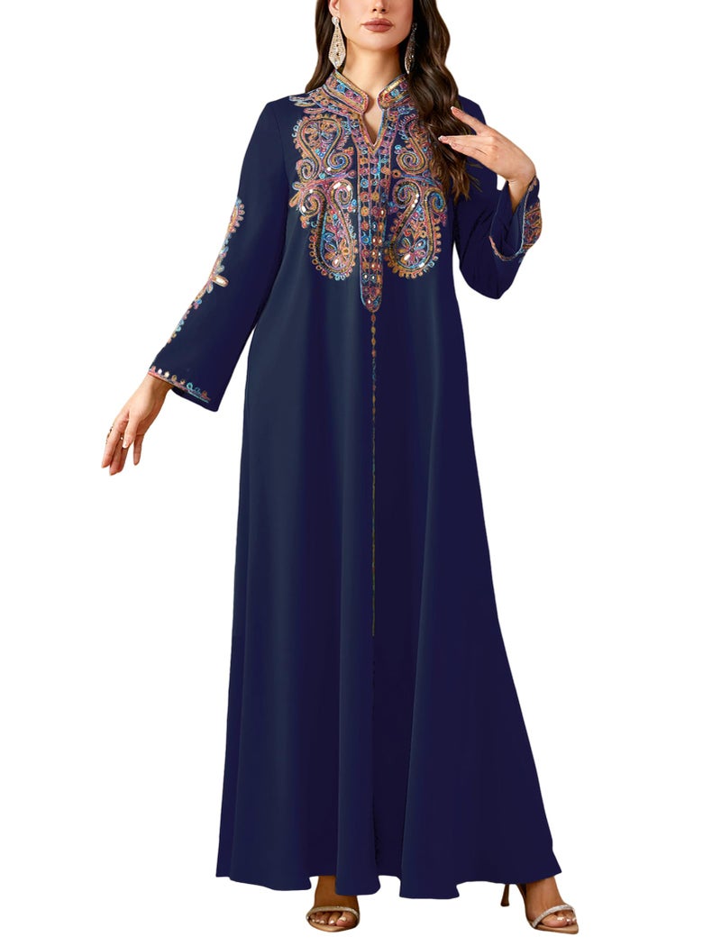 OBEEII Women Muslim Abayas Islamic Long Sleeve Floral Embroidery Sequin Maxi Dress Ramadan Eid Loose Morocco Dubai Robe Kaftan Elegant Turkey Muslim Prayer Dress Navy Blue XL - Image 2